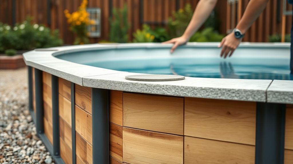 Détail d’installation d’une piscine container avec structure acier, gravier et habillage bois