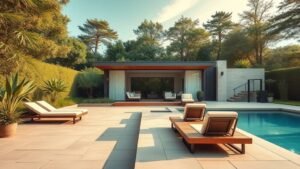 Pool house moderne au bord d’une piscine dans un jardin verdoyant avec terrasse en pierre et mobilier extérieur