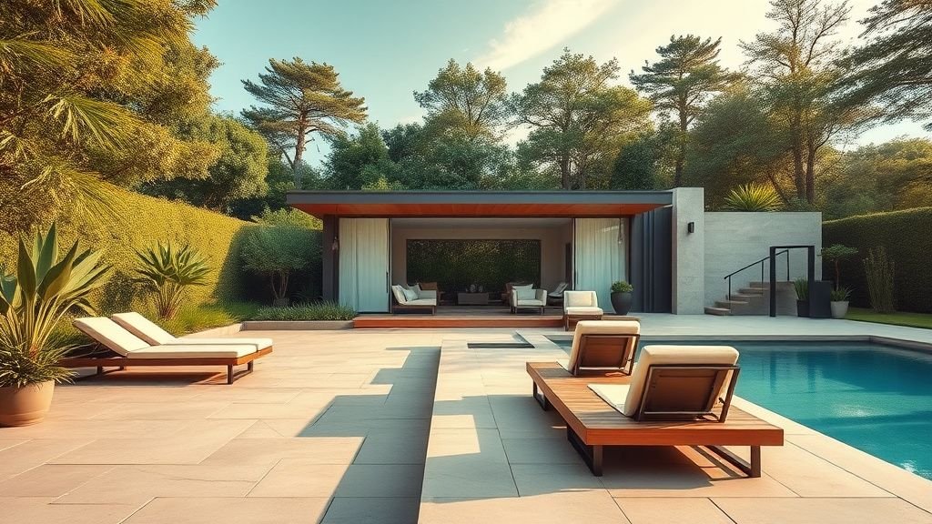 Pool house moderne au bord d’une piscine dans un jardin verdoyant avec terrasse en pierre et mobilier extérieur