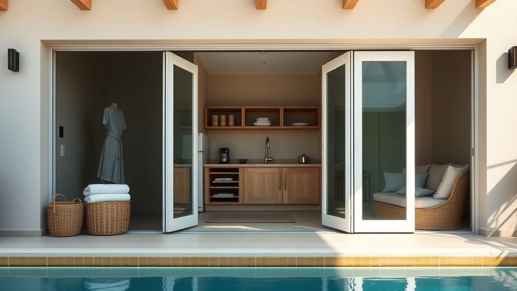 Intérieur de pool house avec kitchenette, rangements intégrés et coin salon ouvert sur le jardin
