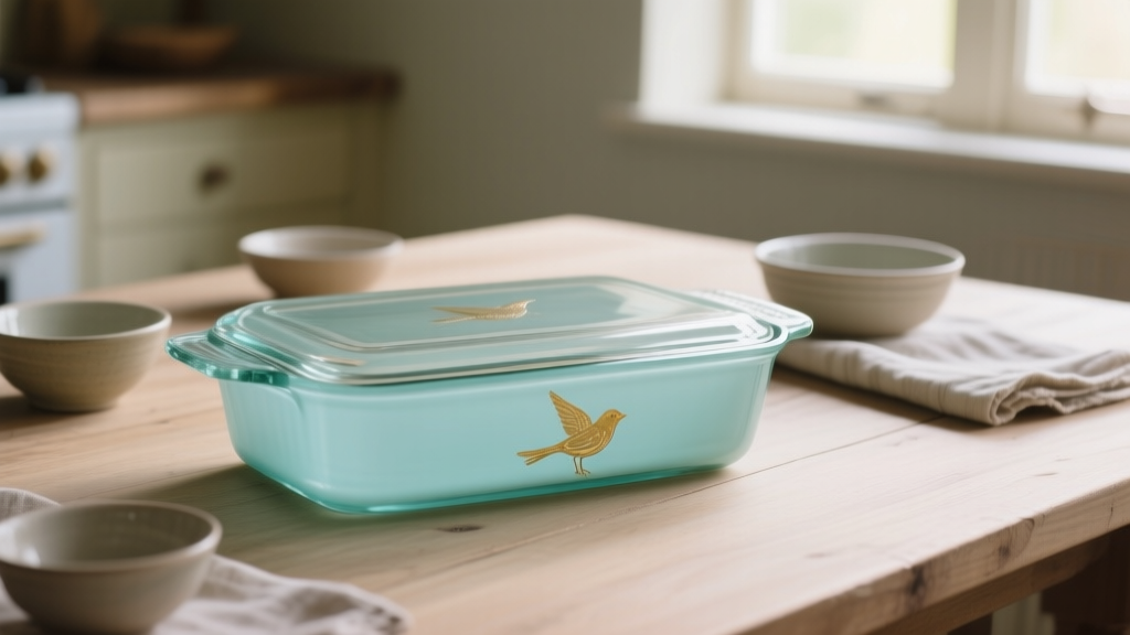 Plat Pyrex vintage turquoise décoré d’oiseaux dorés posé sur une table en bois dans une cuisine lumineuse
