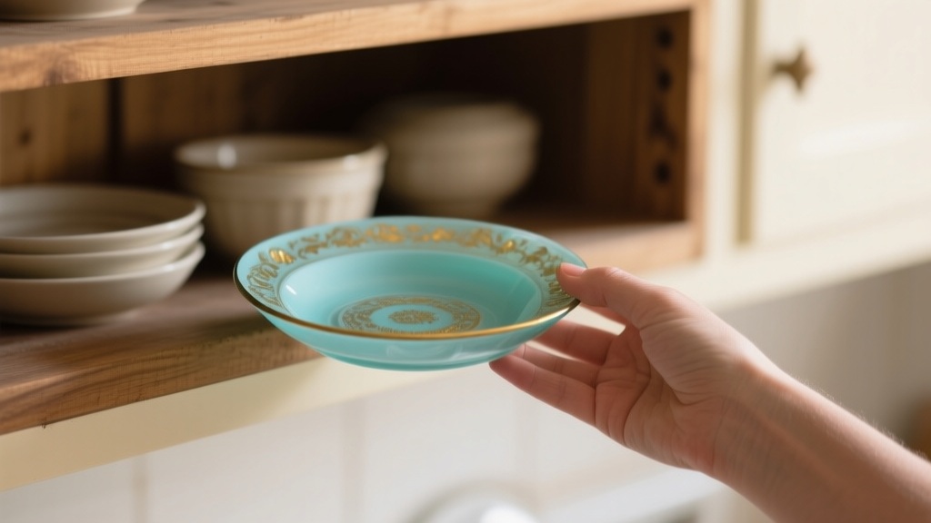 Main tenant un plat vintage turquoise près d’une étagère de cuisine en bois sous une lumière naturelle douce