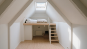 Studio sous combles lumineux avec mezzanine, murs clairs, bois blond et ambiance scandinave apaisante