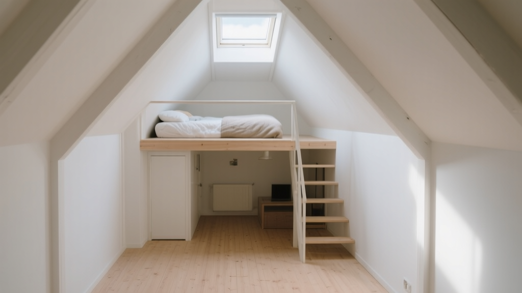 Studio sous combles lumineux avec mezzanine, murs clairs, bois blond et ambiance scandinave apaisante