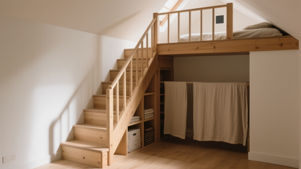 Escalier compact en bois menant à une mezzanine dans un petit appartement sous les toits