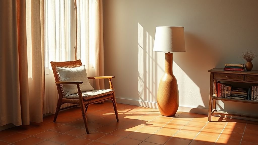 Coin décoré avec terre cuite, lin, chaise vintage et lampe design dans une ambiance méditerranéenne
